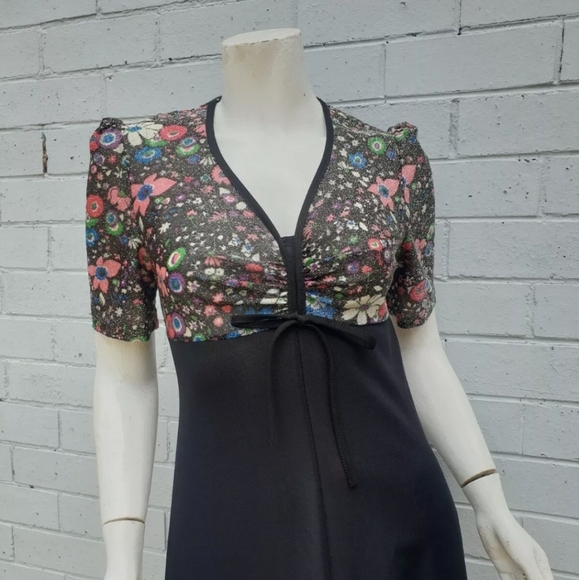 VTG 1970s Lurex Lame Metallic Floral Print Bow Maxi Cocktail Gown Dress Small 8 - Picture 4 of 9